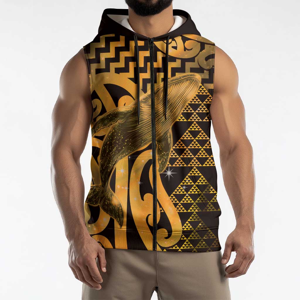 Humpback Whale Matariki New Zealand Sleeveless Zip Hoodie NZ Maori Paikea Poutama Luxury Gold LT14 - Polynesian Pride