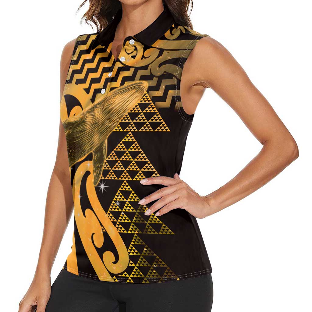 Humpback Whale Matariki New Zealand Women Sleeveless Polo Shirt NZ Maori Paikea Poutama Luxury Gold LT14 - Polynesian Pride