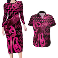 Humpback Whale Matariki New Zealand Couples Matching Long Sleeve Bodycon Dress and Hawaiian Shirt NZ Maori Paikea Poutama Luxury Pink LT14 Pink - Polynesian Pride