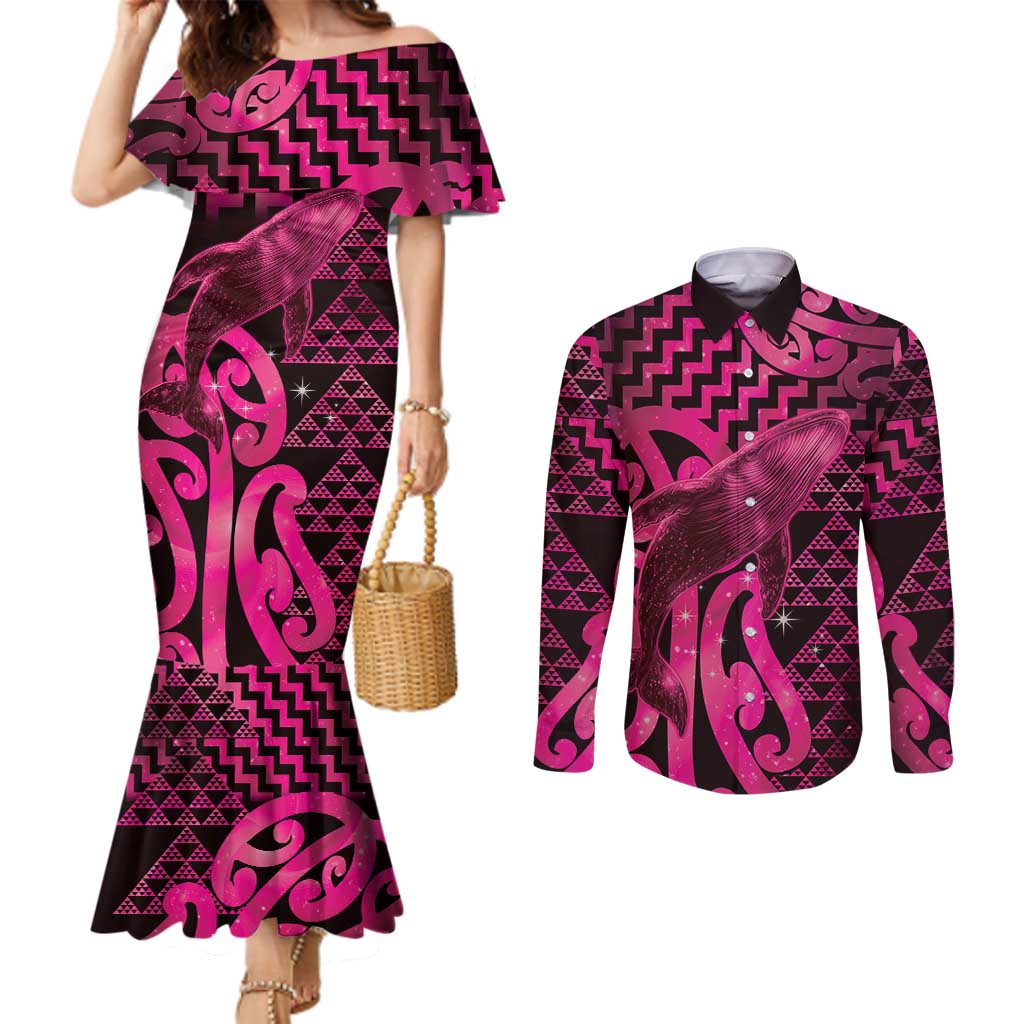 Humpback Whale Matariki New Zealand Couples Matching Mermaid Dress and Long Sleeve Button Shirt NZ Maori Paikea Poutama Luxury Pink LT14 Pink - Polynesian Pride