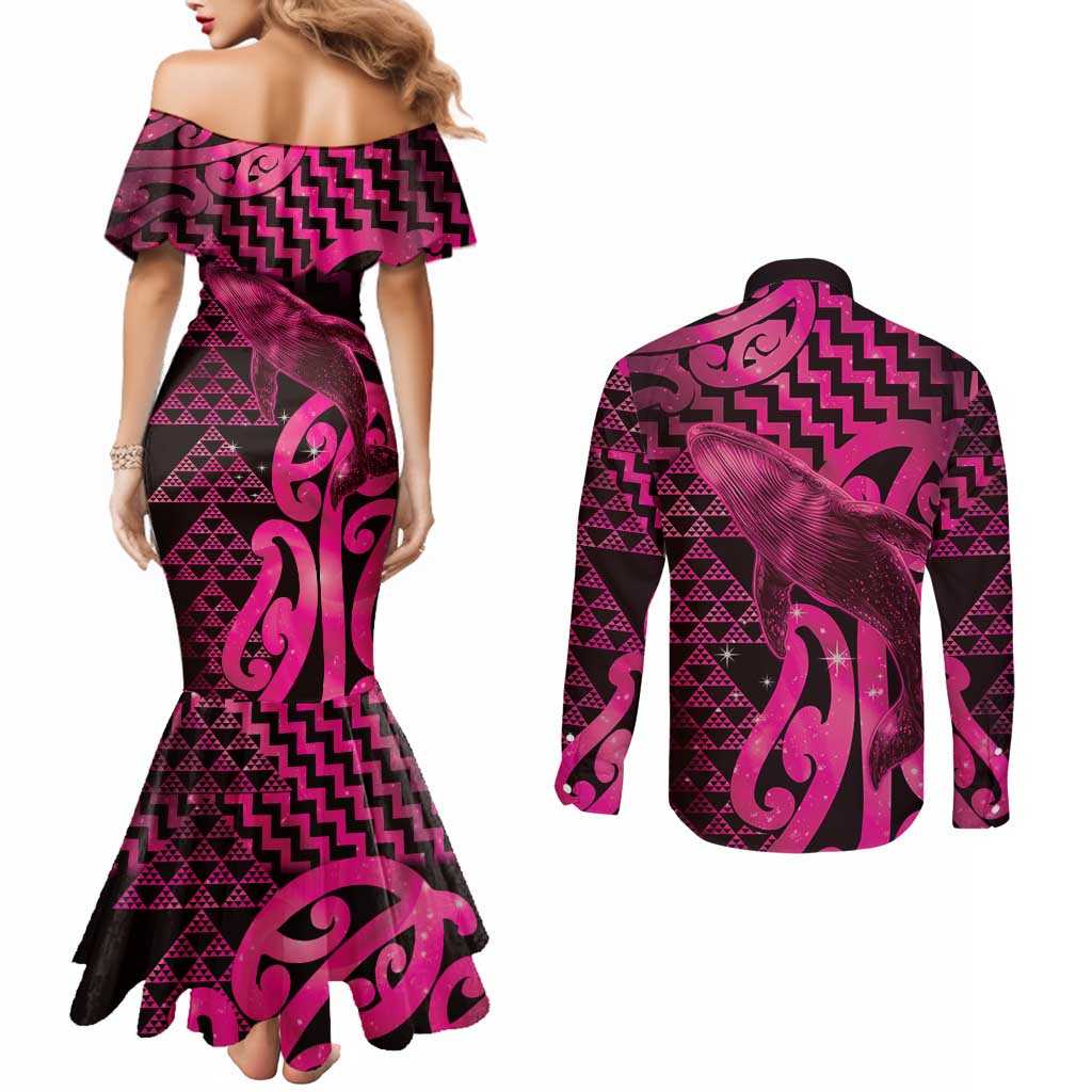 Humpback Whale Matariki New Zealand Couples Matching Mermaid Dress and Long Sleeve Button Shirt NZ Maori Paikea Poutama Luxury Pink LT14 - Polynesian Pride