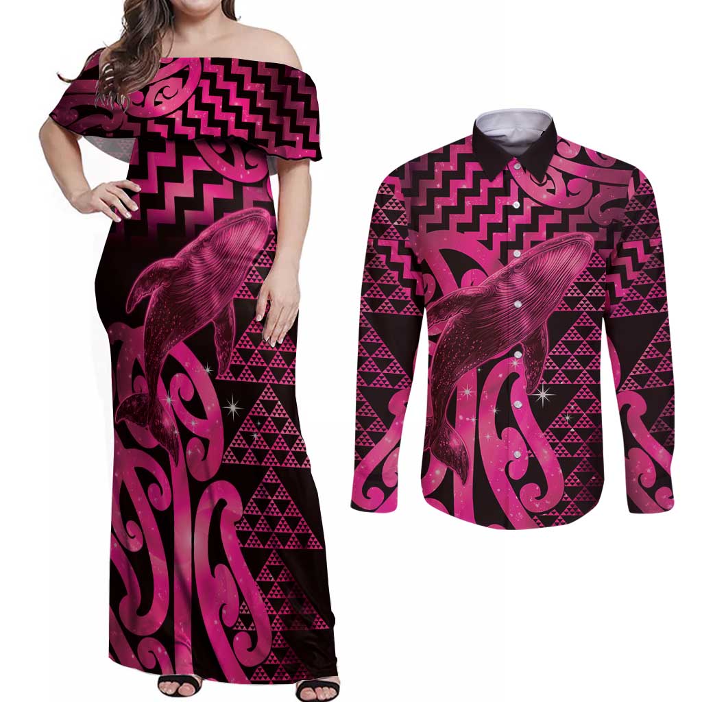 Humpback Whale Matariki New Zealand Couples Matching Off Shoulder Maxi Dress and Long Sleeve Button Shirt NZ Maori Paikea Poutama Luxury Pink LT14 Pink - Polynesian Pride