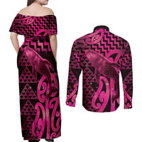 Humpback Whale Matariki New Zealand Couples Matching Off Shoulder Maxi Dress and Long Sleeve Button Shirt NZ Maori Paikea Poutama Luxury Pink LT14 - Polynesian Pride
