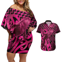 Humpback Whale Matariki New Zealand Couples Matching Off Shoulder Short Dress and Hawaiian Shirt NZ Maori Paikea Poutama Luxury Pink LT14 Pink - Polynesian Pride