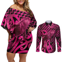 Humpback Whale Matariki New Zealand Couples Matching Off Shoulder Short Dress and Long Sleeve Button Shirt NZ Maori Paikea Poutama Luxury Pink LT14 Pink - Polynesian Pride