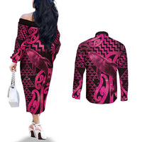 Humpback Whale Matariki New Zealand Couples Matching Off The Shoulder Long Sleeve Dress and Long Sleeve Button Shirt NZ Maori Paikea Poutama Luxury Pink LT14 - Polynesian Pride