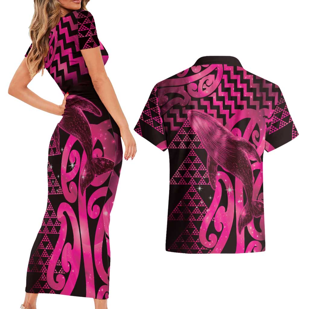 Humpback Whale Matariki New Zealand Couples Matching Short Sleeve Bodycon Dress and Hawaiian Shirt NZ Maori Paikea Poutama Luxury Pink LT14 - Polynesian Pride