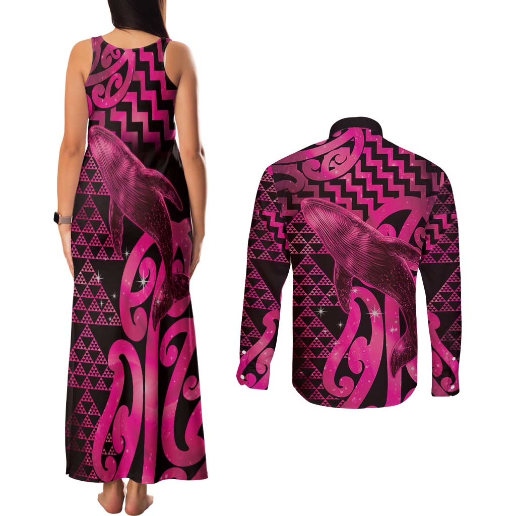Humpback Whale Matariki New Zealand Couples Matching Tank Maxi Dress and Long Sleeve Button Shirt NZ Maori Paikea Poutama Luxury Pink LT14 - Polynesian Pride
