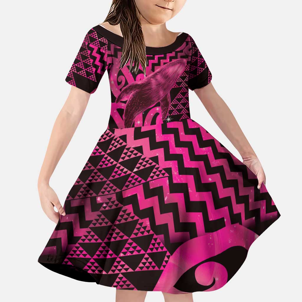 Humpback Whale Matariki New Zealand Family Matching Long Sleeve Bodycon Dress and Hawaiian Shirt NZ Maori Paikea Poutama Luxury Pink LT14 Daughter's Dress Pink - Polynesian Pride