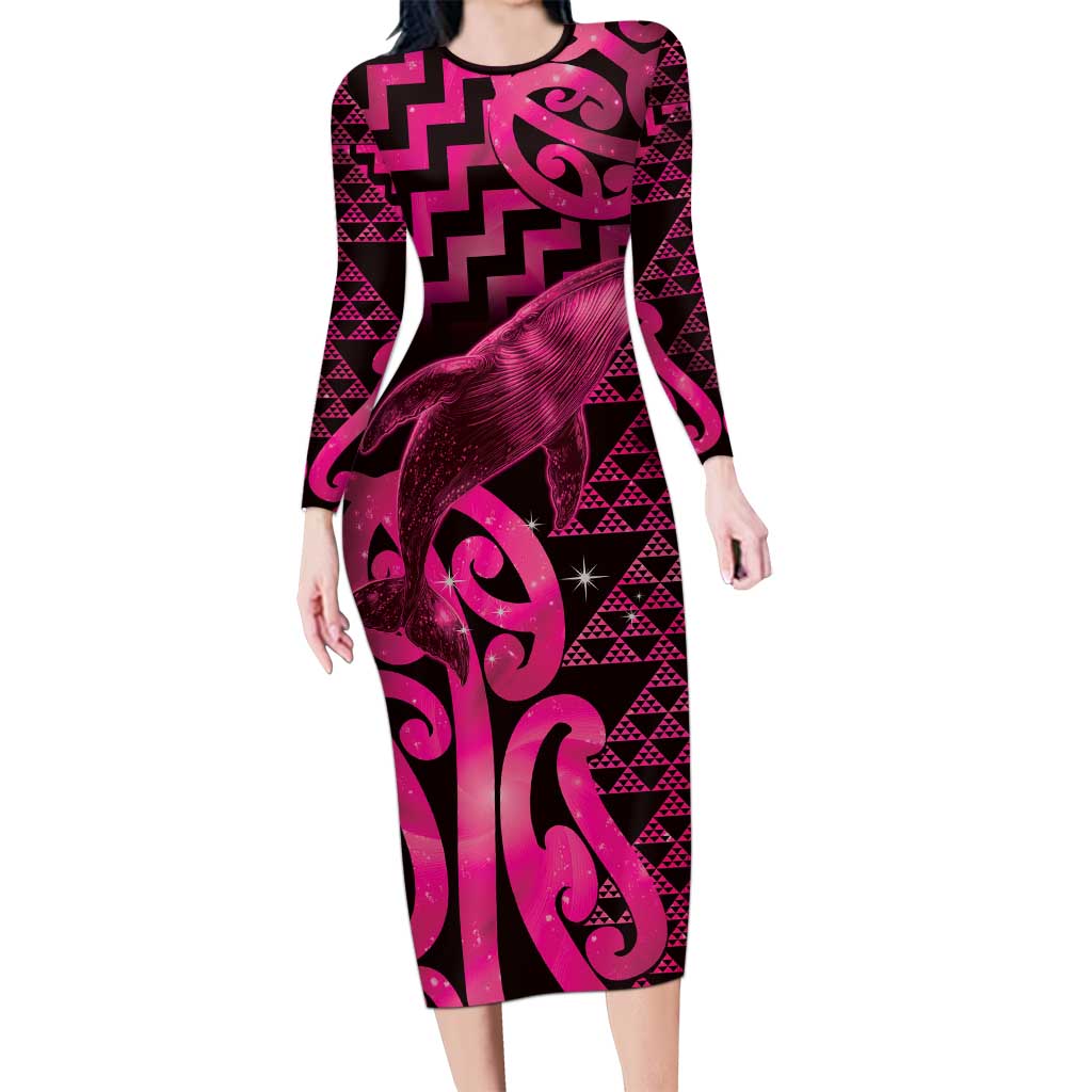 Humpback Whale Matariki New Zealand Family Matching Long Sleeve Bodycon Dress and Hawaiian Shirt NZ Maori Paikea Poutama Luxury Pink LT14 Mom's Dress Pink - Polynesian Pride