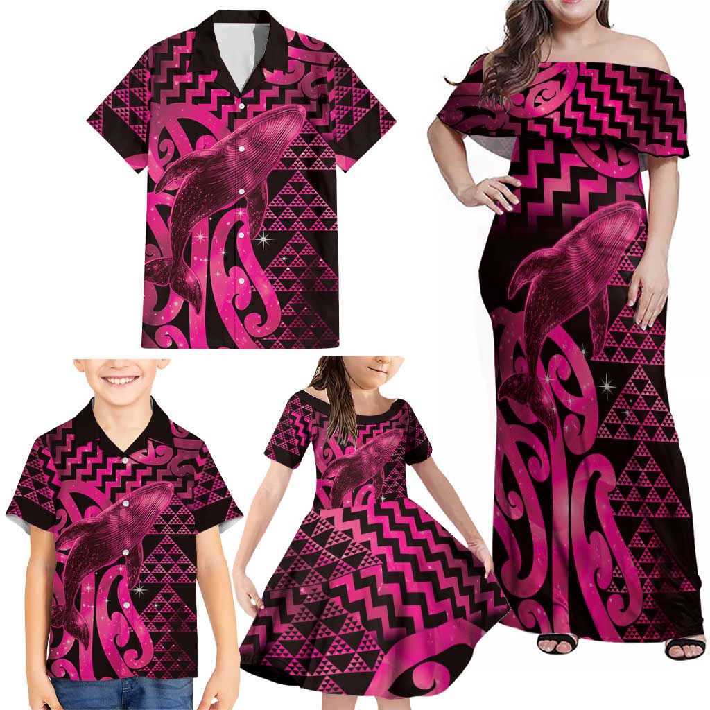 Humpback Whale Matariki New Zealand Family Matching Off Shoulder Maxi Dress and Hawaiian Shirt NZ Maori Paikea Poutama Luxury Pink LT14 - Polynesian Pride