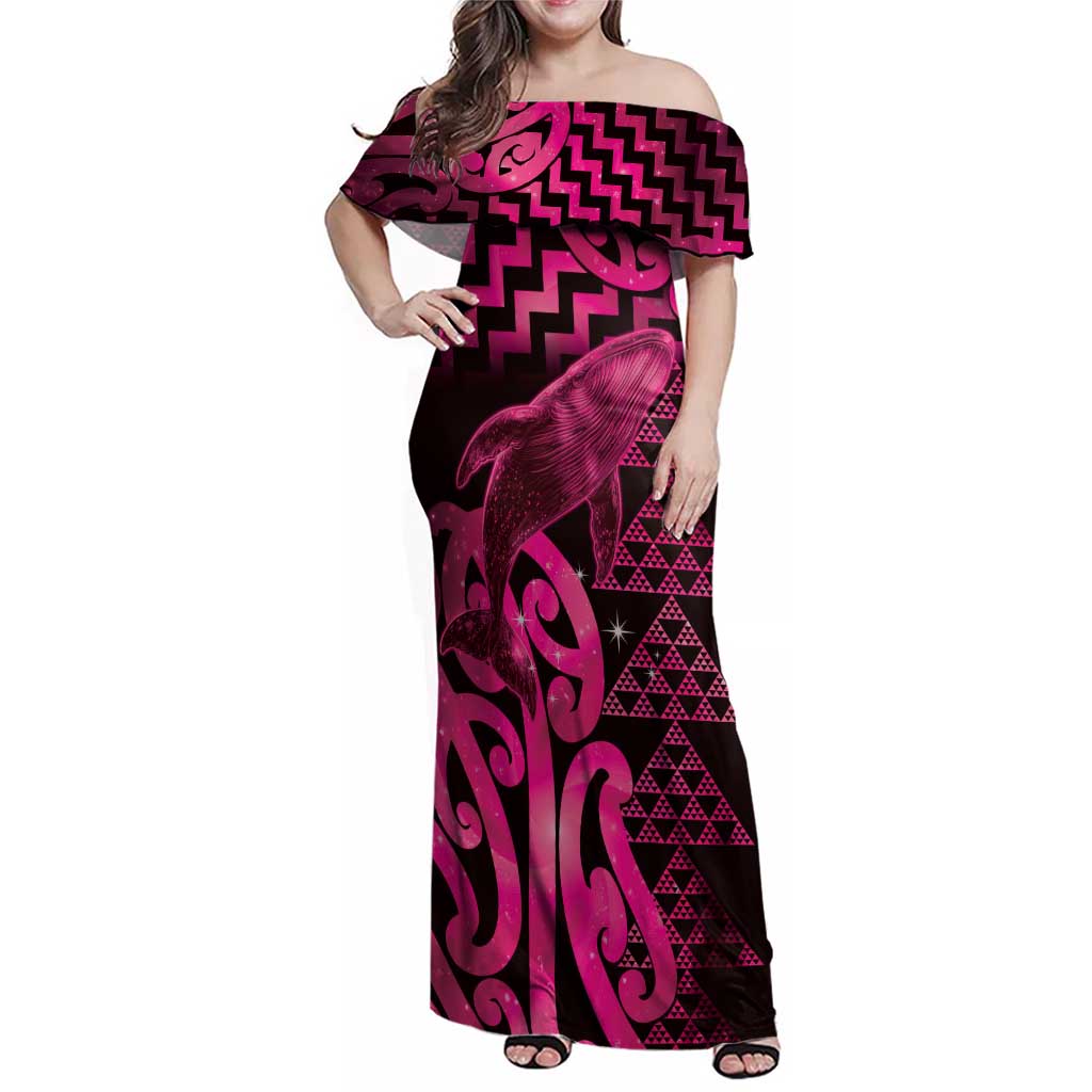 Humpback Whale Matariki New Zealand Family Matching Off Shoulder Maxi Dress and Hawaiian Shirt NZ Maori Paikea Poutama Luxury Pink LT14 Mom's Dress Pink - Polynesian Pride