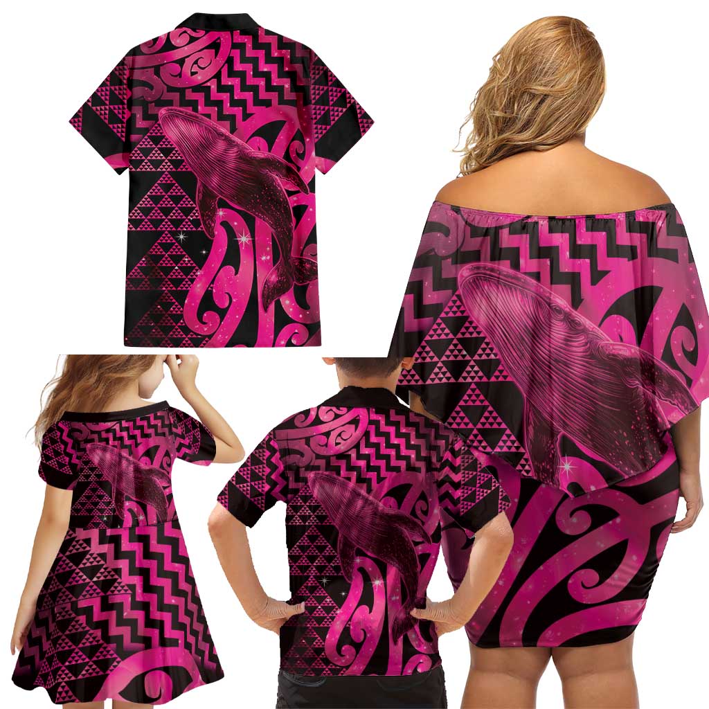 Humpback Whale Matariki New Zealand Family Matching Off Shoulder Short Dress and Hawaiian Shirt NZ Maori Paikea Poutama Luxury Pink LT14 - Polynesian Pride