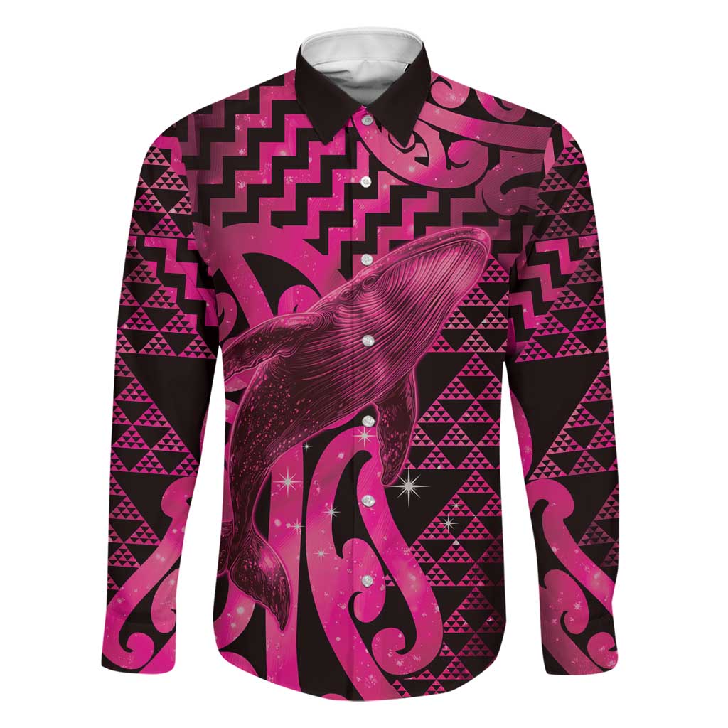 Humpback Whale Matariki New Zealand Family Matching Off Shoulder Short Dress and Hawaiian Shirt NZ Maori Paikea Poutama Luxury Pink LT14 Dad's Shirt - Long Sleeve Pink - Polynesian Pride