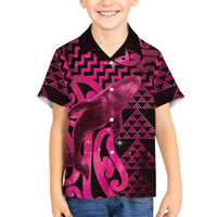Humpback Whale Matariki New Zealand Family Matching Off Shoulder Short Dress and Hawaiian Shirt NZ Maori Paikea Poutama Luxury Pink LT14 Son's Shirt Pink - Polynesian Pride