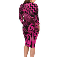 Humpback Whale Matariki New Zealand Long Sleeve Bodycon Dress NZ Maori Paikea Poutama Luxury Pink LT14 - Polynesian Pride