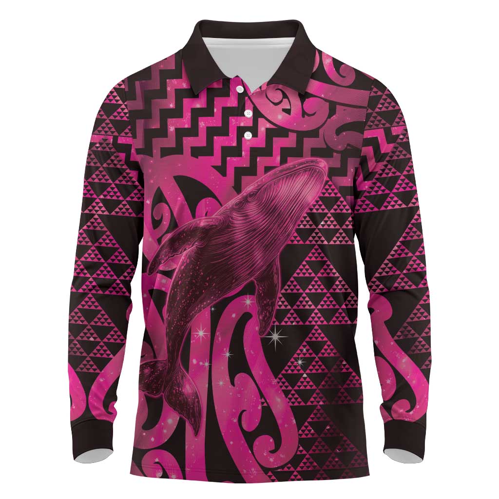 Humpback Whale Matariki New Zealand Long Sleeve Polo Shirt NZ Maori Paikea Poutama Luxury Pink LT14 Pink - Polynesian Pride