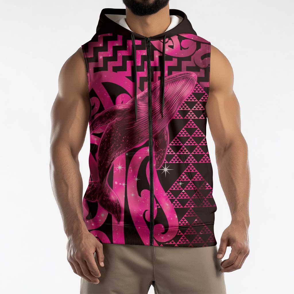 Humpback Whale Matariki New Zealand Sleeveless Zip Hoodie NZ Maori Paikea Poutama Luxury Pink LT14 - Polynesian Pride