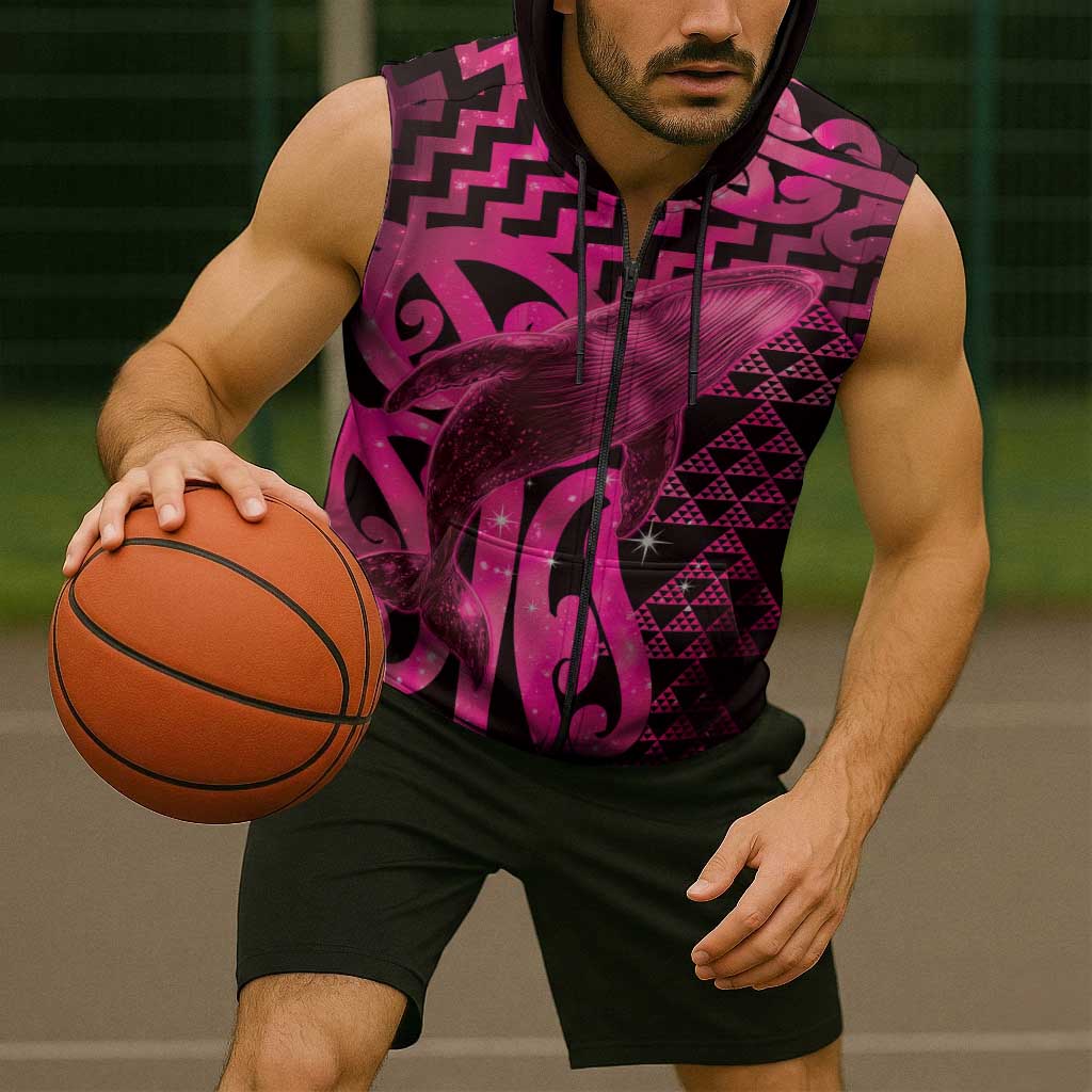 Humpback Whale Matariki New Zealand Sleeveless Zip Hoodie NZ Maori Paikea Poutama Luxury Pink LT14 - Polynesian Pride