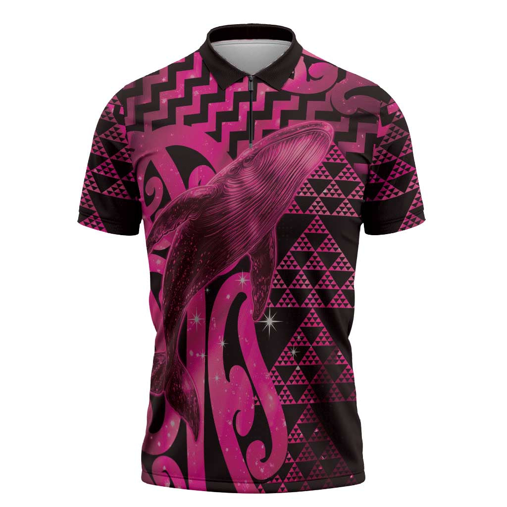 Humpback Whale Matariki New Zealand Zipper Polo Shirt NZ Maori Paikea Poutama Luxury Pink LT14 Pink - Polynesian Pride