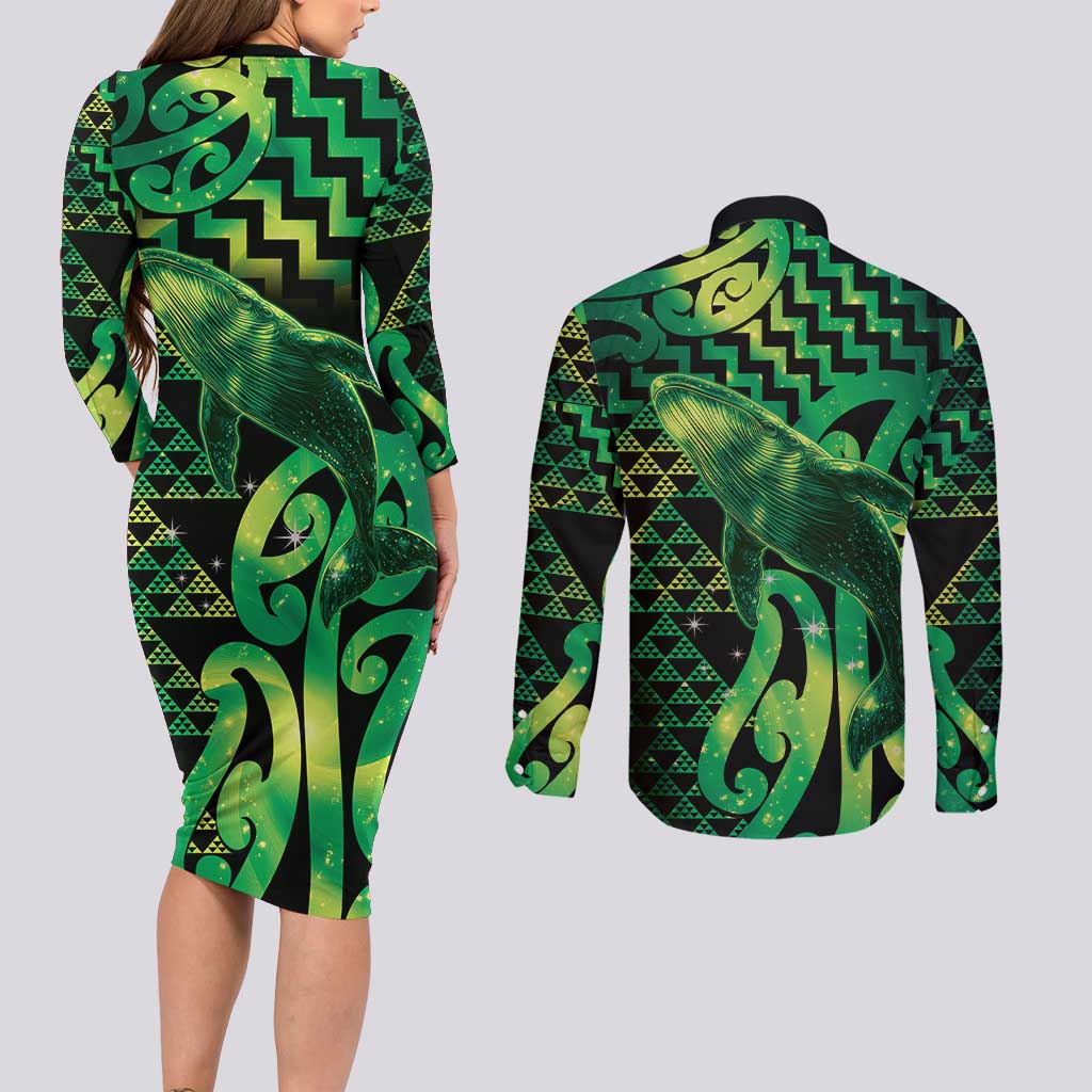 Humpback Whale Matariki New Zealand Couples Matching Long Sleeve Bodycon Dress and Long Sleeve Button Shirt NZ Maori Paikea Poutama Luxury Green LT14 - Polynesian Pride