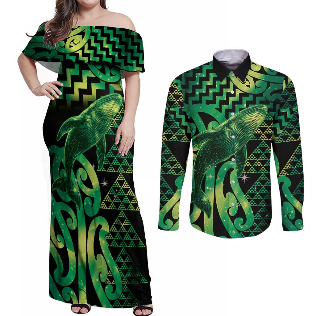 Humpback Whale Matariki New Zealand Couples Matching Off Shoulder Maxi Dress and Long Sleeve Button Shirt NZ Maori Paikea Poutama Luxury Green LT14 Green - Polynesian Pride