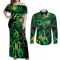 Humpback Whale Matariki New Zealand Couples Matching Off Shoulder Maxi Dress and Long Sleeve Button Shirt NZ Maori Paikea Poutama Luxury Green LT14 Green - Polynesian Pride