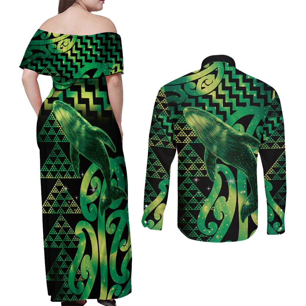 Humpback Whale Matariki New Zealand Couples Matching Off Shoulder Maxi Dress and Long Sleeve Button Shirt NZ Maori Paikea Poutama Luxury Green LT14 - Polynesian Pride