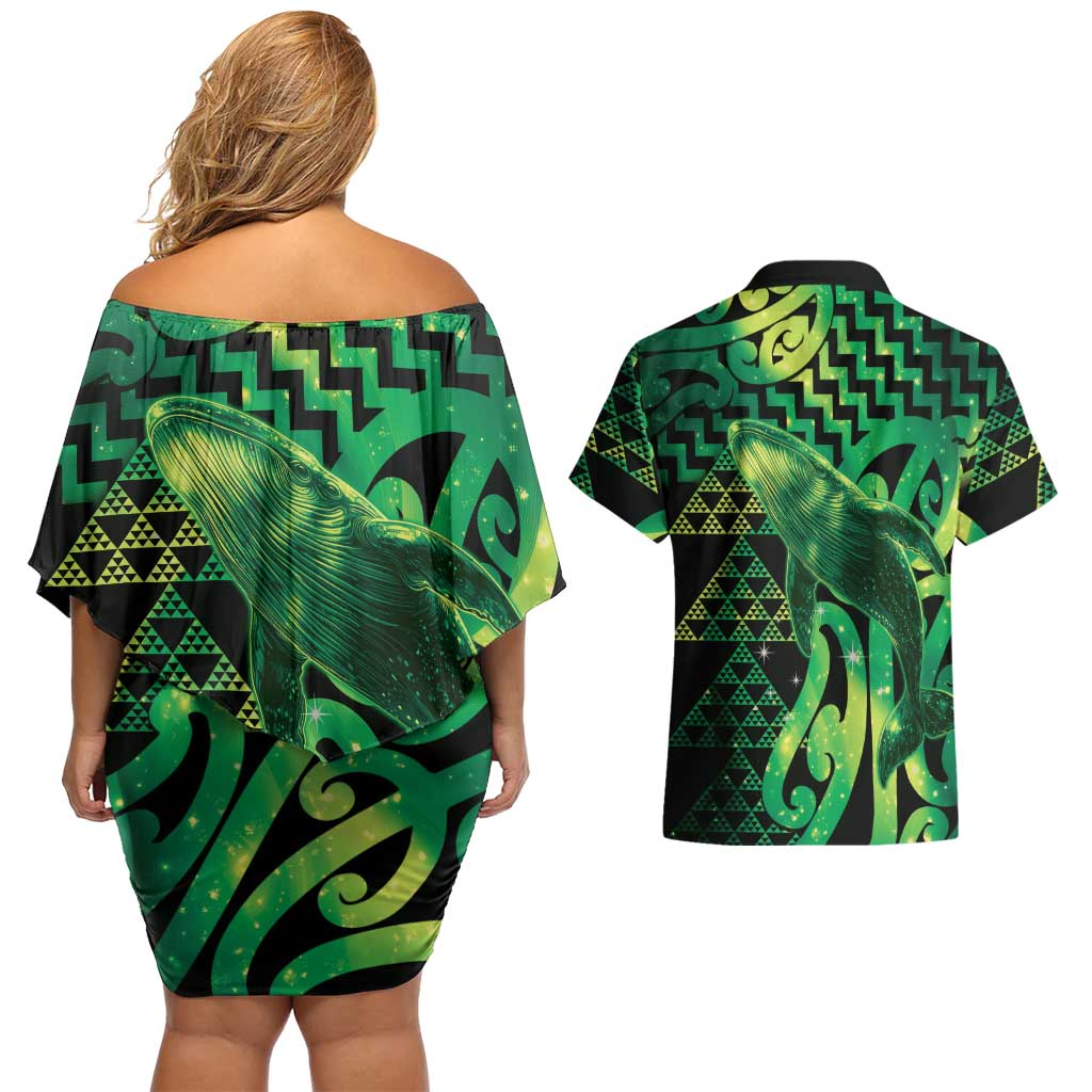 Humpback Whale Matariki New Zealand Couples Matching Off Shoulder Short Dress and Hawaiian Shirt NZ Maori Paikea Poutama Luxury Green LT14 - Polynesian Pride