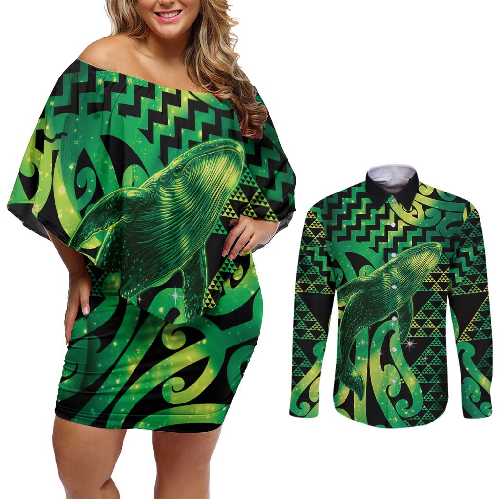 Humpback Whale Matariki New Zealand Couples Matching Off Shoulder Short Dress and Long Sleeve Button Shirt NZ Maori Paikea Poutama Luxury Green LT14 Green - Polynesian Pride
