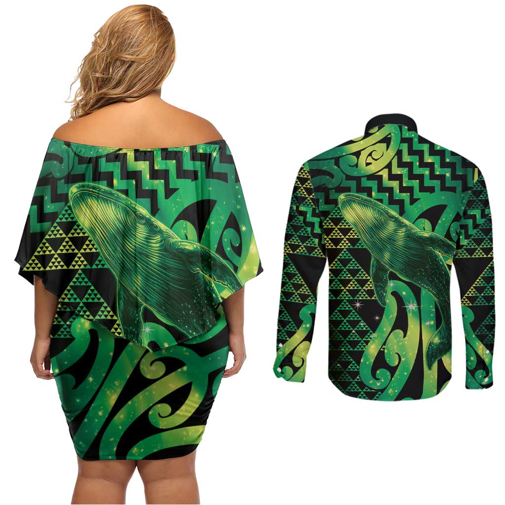 Humpback Whale Matariki New Zealand Couples Matching Off Shoulder Short Dress and Long Sleeve Button Shirt NZ Maori Paikea Poutama Luxury Green LT14 - Polynesian Pride