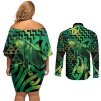 Humpback Whale Matariki New Zealand Couples Matching Off Shoulder Short Dress and Long Sleeve Button Shirt NZ Maori Paikea Poutama Luxury Green LT14 - Polynesian Pride