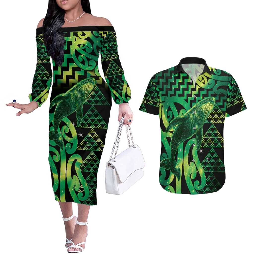 Humpback Whale Matariki New Zealand Couples Matching Off The Shoulder Long Sleeve Dress and Hawaiian Shirt NZ Maori Paikea Poutama Luxury Green LT14 Green - Polynesian Pride