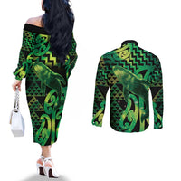 Humpback Whale Matariki New Zealand Couples Matching Off The Shoulder Long Sleeve Dress and Long Sleeve Button Shirt NZ Maori Paikea Poutama Luxury Green LT14 - Polynesian Pride