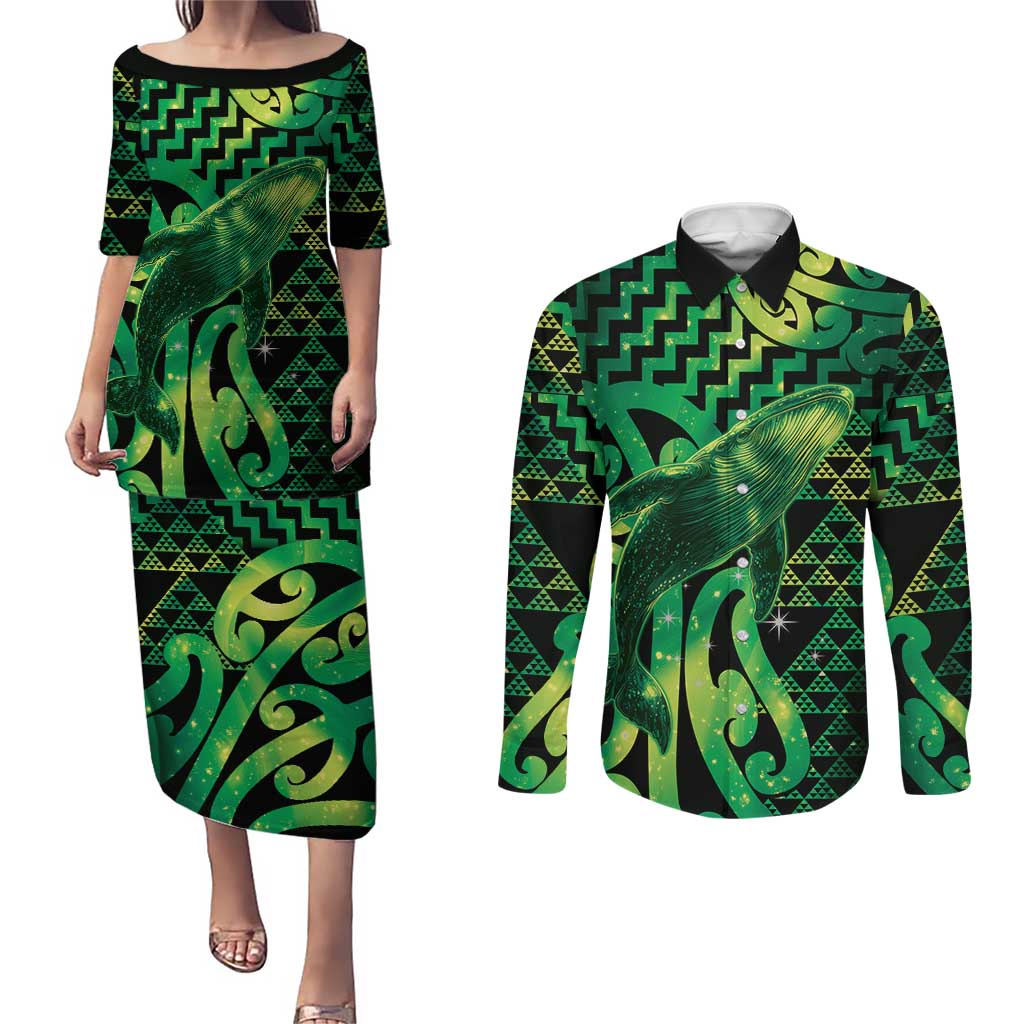 Humpback Whale Matariki New Zealand Couples Matching Puletasi and Long Sleeve Button Shirt NZ Maori Paikea Poutama Luxury Green LT14 Green - Polynesian Pride