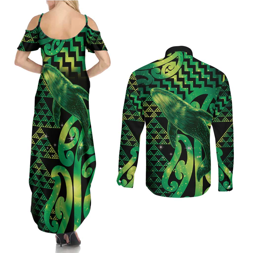 Humpback Whale Matariki New Zealand Couples Matching Summer Maxi Dress and Long Sleeve Button Shirt NZ Maori Paikea Poutama Luxury Green LT14 - Polynesian Pride