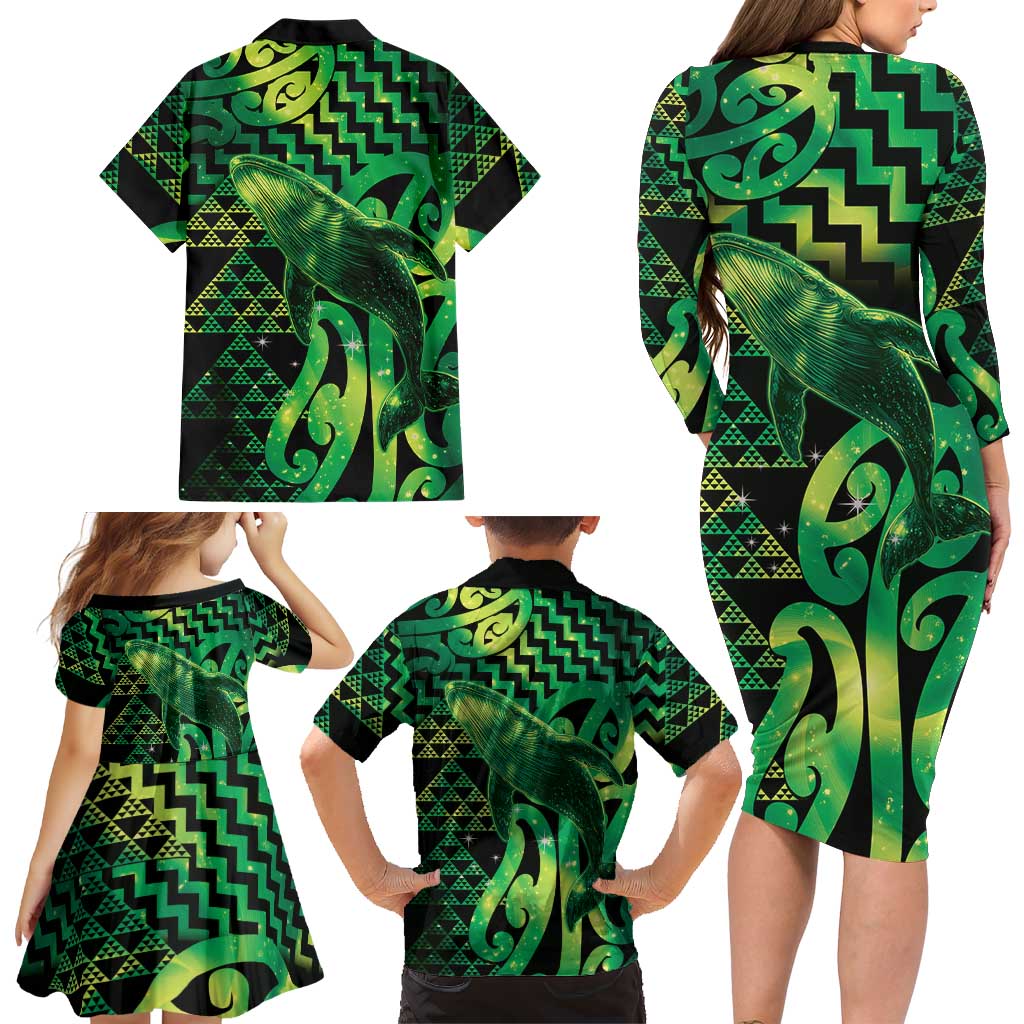 Humpback Whale Matariki New Zealand Family Matching Long Sleeve Bodycon Dress and Hawaiian Shirt NZ Maori Paikea Poutama Luxury Green LT14 - Polynesian Pride