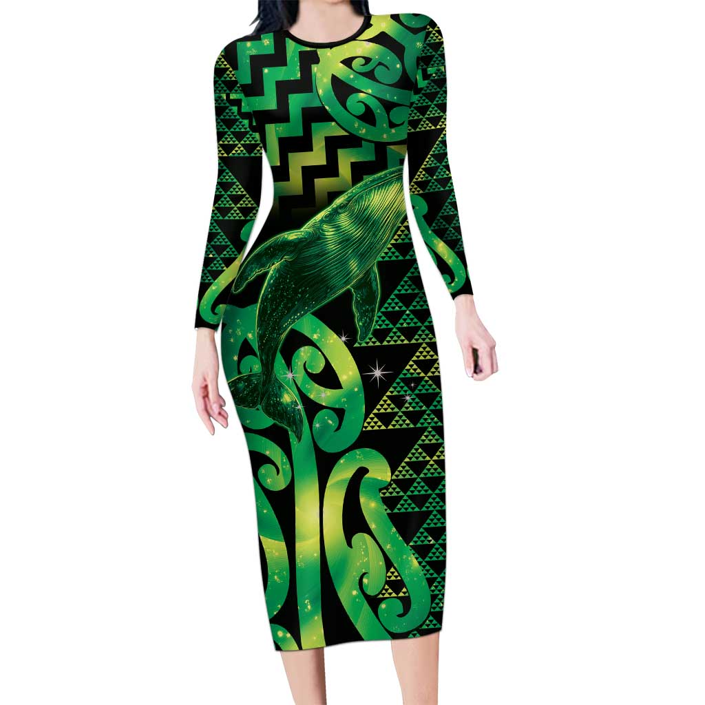 Humpback Whale Matariki New Zealand Family Matching Long Sleeve Bodycon Dress and Hawaiian Shirt NZ Maori Paikea Poutama Luxury Green LT14 Mom's Dress Green - Polynesian Pride