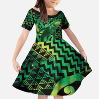 Humpback Whale Matariki New Zealand Family Matching Off The Shoulder Long Sleeve Dress and Hawaiian Shirt NZ Maori Paikea Poutama Luxury Green LT14 Daughter's Dress Green - Polynesian Pride