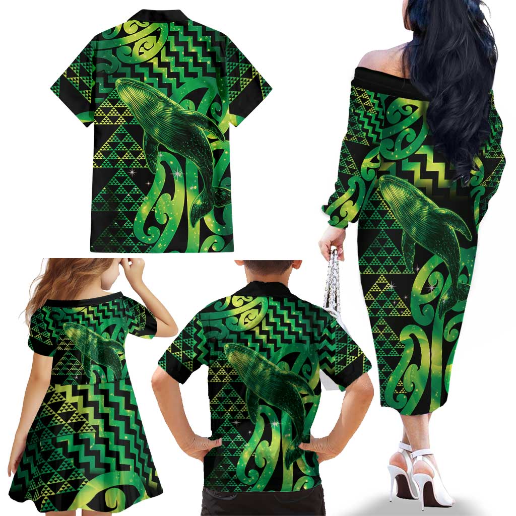 Humpback Whale Matariki New Zealand Family Matching Off The Shoulder Long Sleeve Dress and Hawaiian Shirt NZ Maori Paikea Poutama Luxury Green LT14 - Polynesian Pride