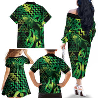 Humpback Whale Matariki New Zealand Family Matching Off The Shoulder Long Sleeve Dress and Hawaiian Shirt NZ Maori Paikea Poutama Luxury Green LT14 - Polynesian Pride