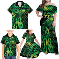 Humpback Whale Matariki New Zealand Family Matching Off Shoulder Maxi Dress and Hawaiian Shirt NZ Maori Paikea Poutama Luxury Green LT14 - Polynesian Pride