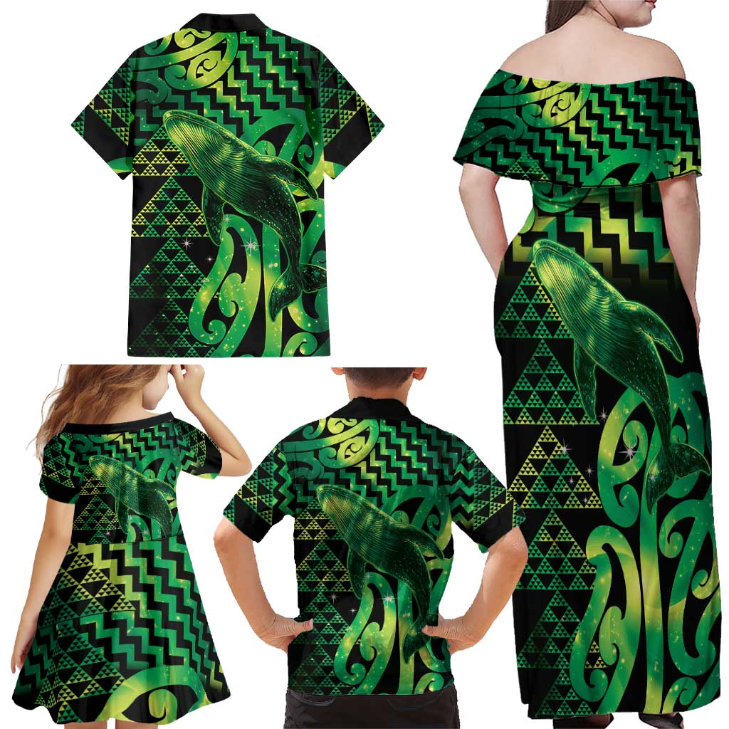 Humpback Whale Matariki New Zealand Family Matching Off Shoulder Maxi Dress and Hawaiian Shirt NZ Maori Paikea Poutama Luxury Green LT14 - Polynesian Pride