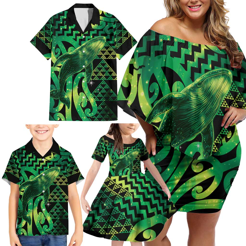 Humpback Whale Matariki New Zealand Family Matching Off Shoulder Short Dress and Hawaiian Shirt NZ Maori Paikea Poutama Luxury Green