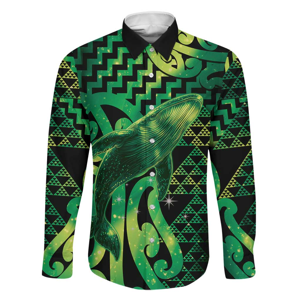 Humpback Whale Matariki New Zealand Family Matching Summer Maxi Dress and Hawaiian Shirt NZ Maori Paikea Poutama Luxury Green LT14 Dad's Shirt - Long Sleeve Green - Polynesian Pride