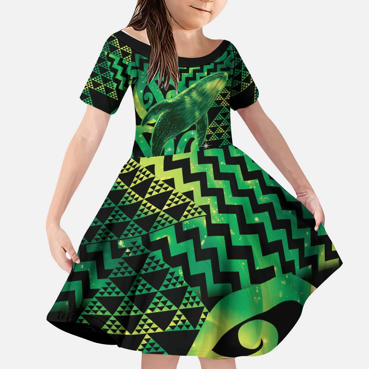 Humpback Whale Matariki New Zealand Kid Short Sleeve Dress NZ Maori Paikea Poutama Luxury Green