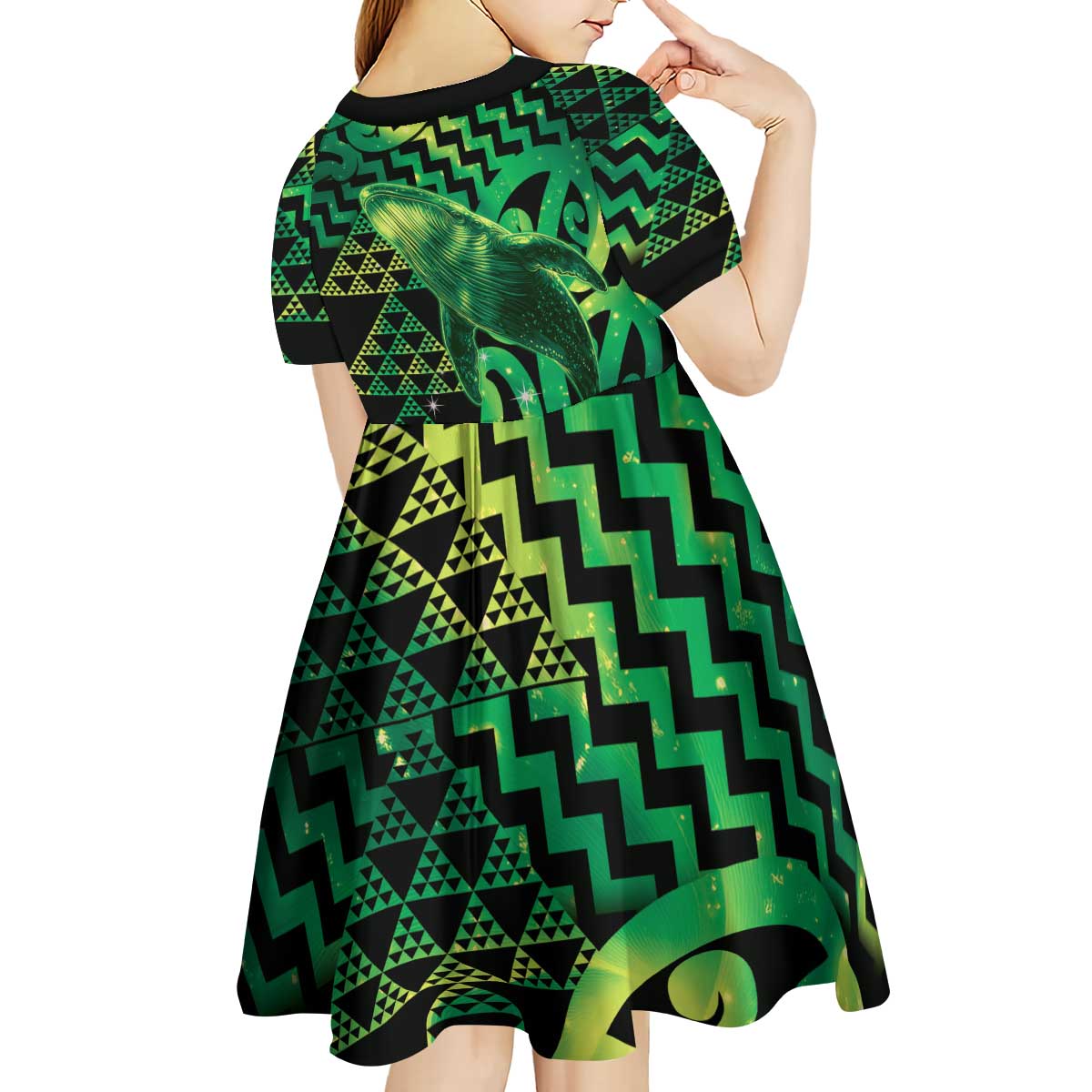 Humpback Whale Matariki New Zealand Kid Short Sleeve Dress NZ Maori Paikea Poutama Luxury Green LT14 - Polynesian Pride