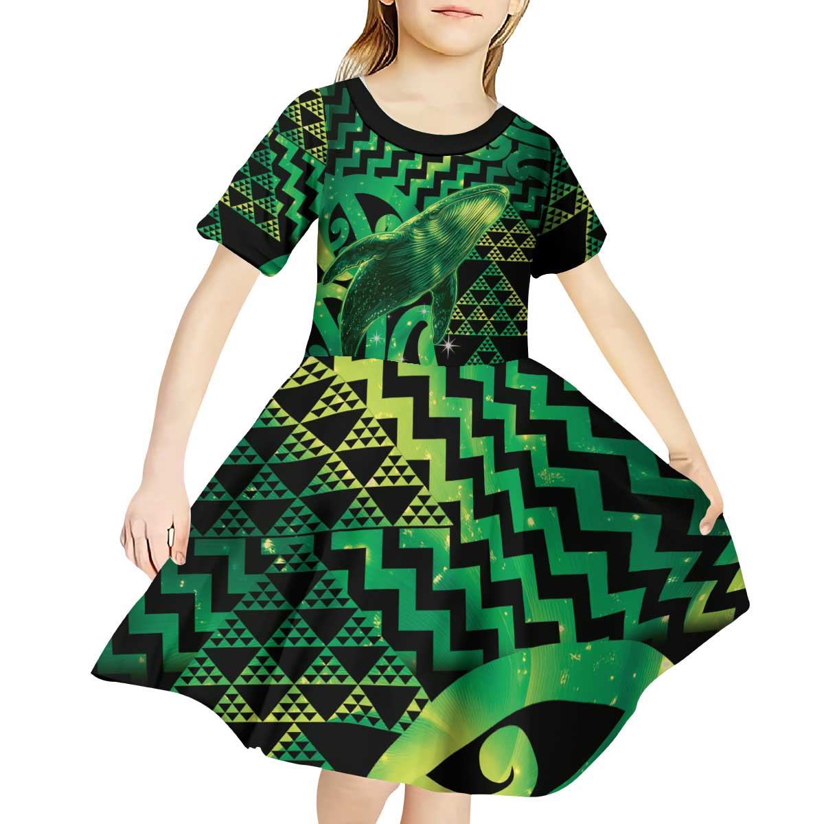 Humpback Whale Matariki New Zealand Kid Short Sleeve Dress NZ Maori Paikea Poutama Luxury Green LT14 - Polynesian Pride