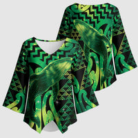 Humpback Whale Matariki New Zealand Kimono Sleeve Blouse NZ Maori Paikea Poutama Luxury Green