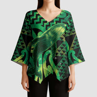 Humpback Whale Matariki New Zealand Kimono Sleeve Blouse NZ Maori Paikea Poutama Luxury Green